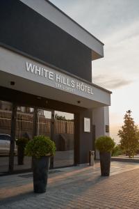 ein Hotel in weißen Hügeln mit Topfpflanzen davor in der Unterkunft WHITE HILLS HOTEL spa&sport in Uschhorod