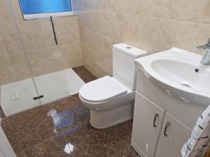 a bathroom with a toilet and a sink at Uplands Grove Bungalow in Wolverhampton