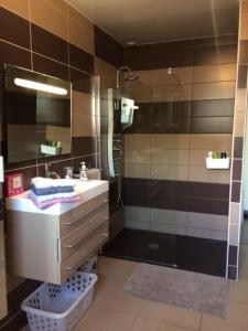 uma casa de banho com um chuveiro, um lavatório e um chuveiro em Maison vue sur vignes Piscine chauffée Privée 6per BELLEVUE em Cussac-Fort-Medoc