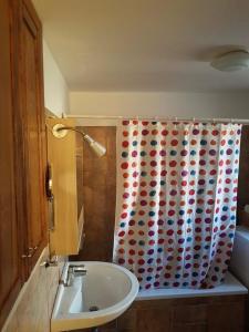 baño con lavabo y cortina de ducha en Trullo d'Itria, en Locorotondo