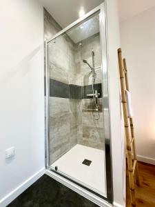 a shower with a glass door in a bathroom at L'IMPÉRIAL - Jardin & Parking in Mont-de-Marsan