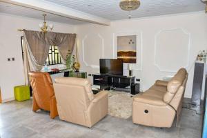 sala de estar con 2 sillas y TV en Movomo Limbe en Limbe