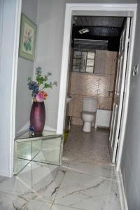 a bathroom with a toilet and a vase on a glass table at Movomo Limbe in Limbe