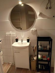 a bathroom with a sink and a mirror at Apartament Śródmieście Przemyśl in Przemyśl