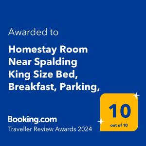 Certifikát, hodnocení, plakát nebo jiný dokument vystavený v ubytování Boutique Room Spalding King Size Bed Breakfast and Free Parking