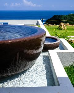 two large tubs sitting on a ledge with the ocean at Silk Cotton Cottages in Parrot Hall