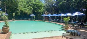 a large swimming pool with blue umbrellas and chairs at SelborneGolfEstatePennington in Pennington