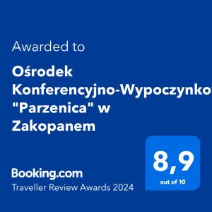 扎科帕內的住宿－Ośrodek Konferencyjno-Wypoczynkowy "Parzenica" w Zakopanem，带有更新为ocheck kentengonia字的手机的截图