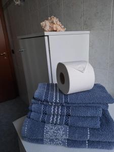 un rollo de papel higiénico sobre un montón de toallas en Casa di Gabry, en Cento