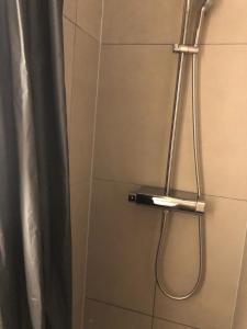 La salle de bains est pourvue d'une douche avec rideau de douche. dans l'établissement Le grain de sable, à Nieuport