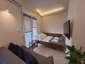 uma sala de estar com um sofá e uma televisão em Parkview Central Apartment - Xanthi em Xanthi