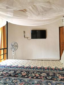 um quarto com uma cama e uma televisão na parede em Maison d'hôte à la Somone em Somone
