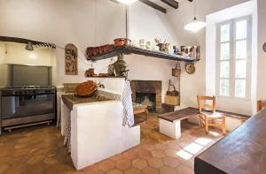 a large kitchen with a stove and a fireplace at Sa Cabana d'es Vicari in Fornalutx