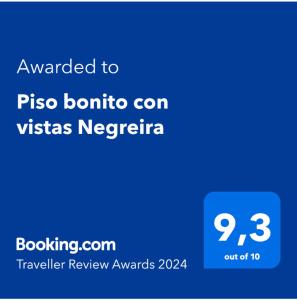 Palkinto, sertifikaatti, kyltti tai muu asiakirja, joka on esillä majoituspaikassa Piso bonito con vistas Negreira