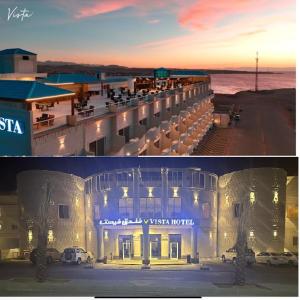 two pictures of a hotel and a view of the ocean at Vista Haql Hotel in Al Humaizah