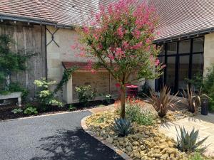 a tree in front of a building with pink flowers at Guest House de Céline et Benoît in Rivarennes +2 photos