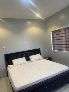 ein Schlafzimmer mit einem Bett mit zwei Kissen darauf in der Unterkunft Luxe Living:4Bed, TV, Pool& WiFi in Lekki