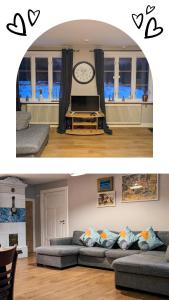 2 fotos de una sala de estar con sofá y reloj en Charming Swedish Cottage from 1909, en Markaryd