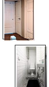 two pictures of a bathroom with a toilet and a sink at Charming Swedish Cottage from 1909 in Markaryd +17 photos