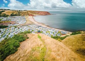 an aerial view of a beach with houses and the ocean at Pease Bay Holiday Park in Cockburnspath