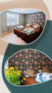 twee foto's van een slaapkamer met een bed en een kamer met bloemen bij Charming Swedish Cottage from 1909 in Markaryd