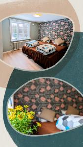 two pictures of a bedroom with a bed and a room with flowers at Charming Swedish Cottage from 1909 in Markaryd