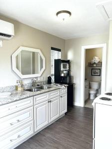 eine Küche mit einem Waschbecken und einem Spiegel in der Unterkunft Quiet, Cozy Guesthouse with privacy in Manvel