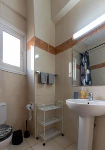 een badkamer met een wastafel, een toilet en een spiegel bij Princess Residence in Ayios Dhometios