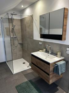 a bathroom with a sink and a shower at Ferienwohnung III Beck-Bräu nahe Bamberg in Trabelsdorf