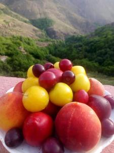 a pile of fruit on a plate on a table at riad jnane imnane in Tamguist +24 photos