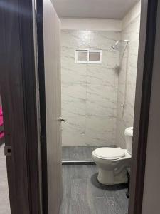サンタ・マルタにあるHostal el ebenezeerのバスルーム(トイレ、シャワー付)