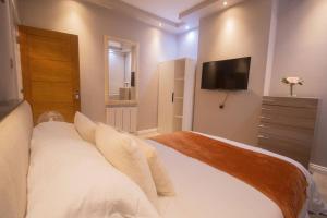 1 dormitorio con 1 cama grande y TV en la pared en OikosHomes Three Bedroom Flat in London, en Londres