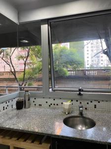 Cuenta con una encimera con lavabo y 2 ventanas. en Céntrico, moderno y cómodo en Rosario