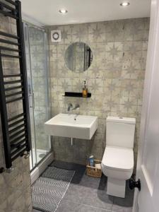 uma casa de banho com um WC branco e um lavatório. em Homely garden apartment, newly refurbished - sleeps four em Brighton & Hove