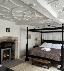 1 dormitorio con cama con dosel y chimenea en The Totnes Guest House. Upstairs at Zappa's, en Totnes