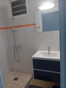 uma casa de banho com um chuveiro e um lavatório. em Relax Time Dumanoir em Capesterre-Belle-Eau