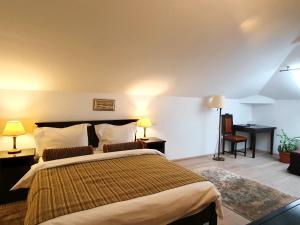 a hotel room with a large bed and a desk at Vila Leonida - RESORT LEONIDA in Buşteni +100 photos