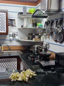 a kitchen with a stove and some pots and pans at LEEHOME RESORT in Trichūr