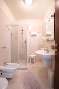 a bathroom with a shower and a toilet and a sink at Hotel Stadio & Spa in San Bonifacio