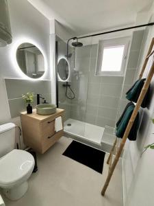 ein Bad mit einer Dusche, einem WC und einem Waschbecken in der Unterkunft New Studio Cosy - Proche RER et centre ville in Brétigny-sur-Orge