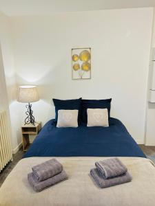 a bedroom with a blue bed with two pillows on it at Le 2 - Grand studio avec coin repas Caen Port in Caen