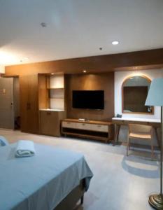 sala de estar amplia con TV y mesa en Hotel Lucca, en Legazpi