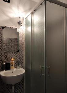 a bathroom with a sink and a glass shower stall at La Casa della Zia in Milan