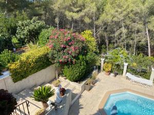 um jardim com uma piscina e flores e uma cerca em La Florentine em Bandol