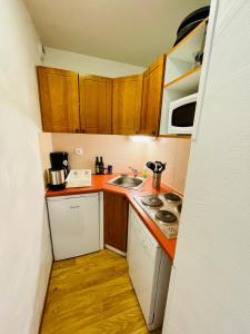 a small kitchen with wooden cabinets and a sink at Les Orres 1800 - 6 places Plein Sud avec Piscine in Les Orres