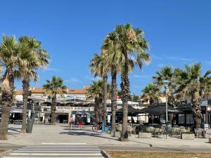 a group of palm trees in front of a building at La Maison sur la côte in Fleury