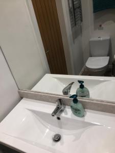 a bathroom sink with a mirror and a toilet at The Studio in Harrogate