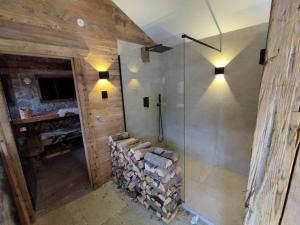 ein Badezimmer mit einer Dusche und einem Stapel Holz in der Unterkunft Exklusive Alpen Lounge Bayrischzell in Bayrischzell