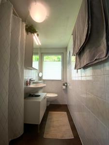 une salle de bain avec un lavabo et des toilettes et une fenêtre dans l'établissement Ferienhaus am Reiterhof, à Wernigerode