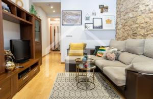 ein Wohnzimmer mit Sofa und Fernseher in der Unterkunft Loft Arco de los zapatos,Casco histórico Oviedo in Oviedo